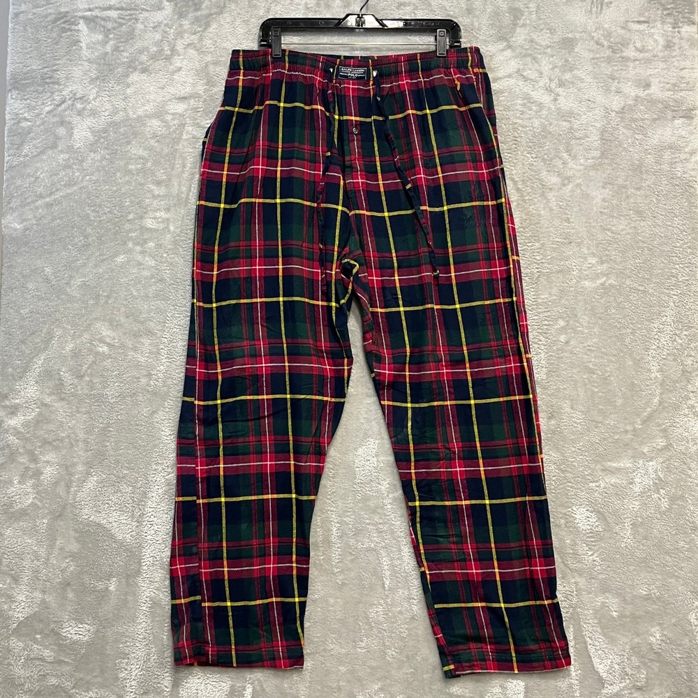 Polo Ralph Lauren Pajama Pants Mens XL Navy Blue Red Plaid Cotton Flannel Lounge